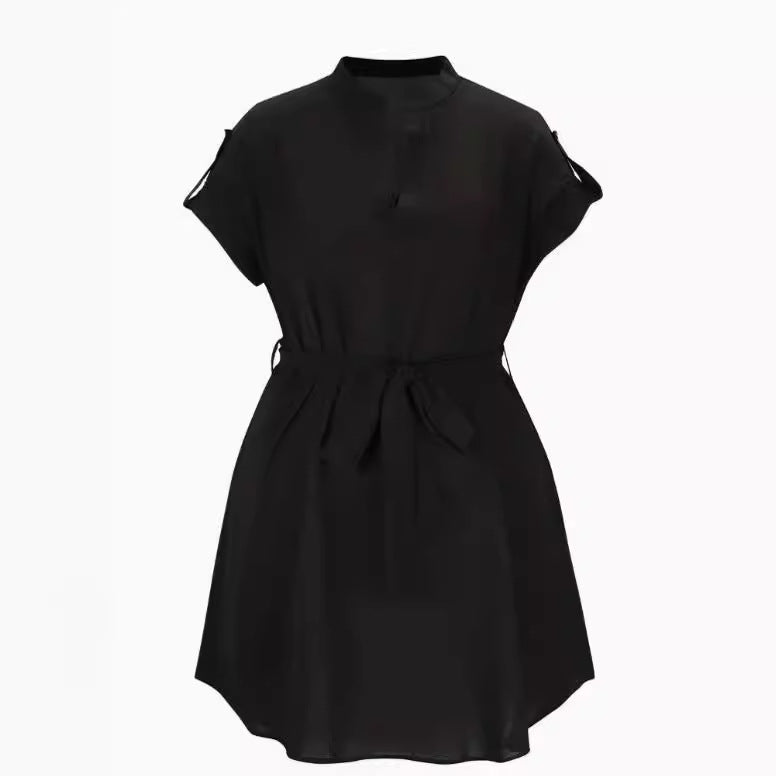 Robe à manches courtes et col en V avec ceinture, tenue d'été tendance avec nœud papillon pour femme