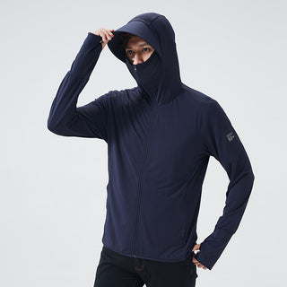 Dark navy hooded athletic jacket with UV protection for outdoor sports activities.