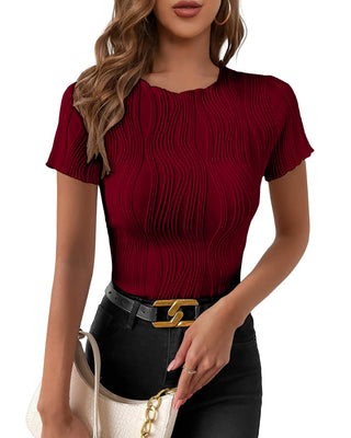 Stylish burgundy pleated short sleeve top with slim fit design for modern women's fashion.