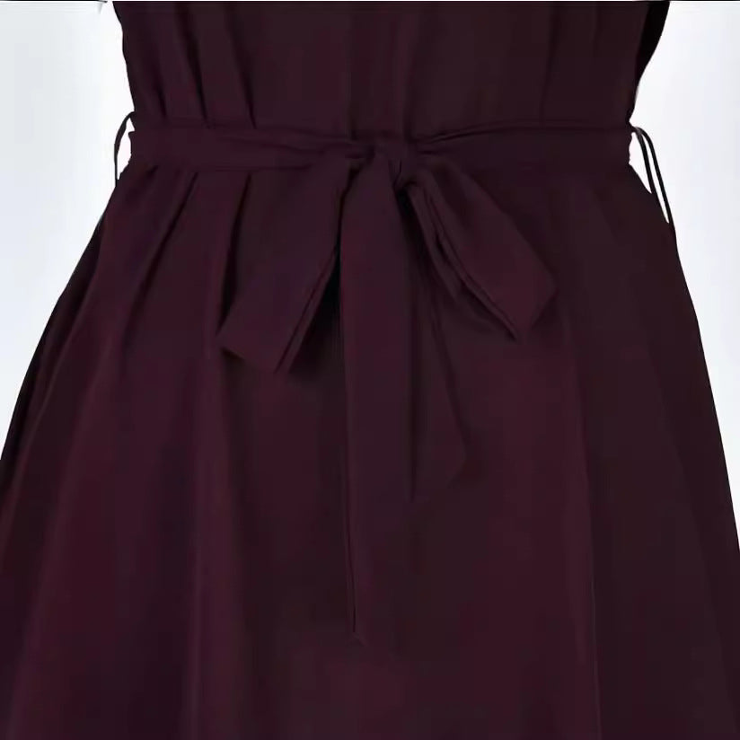 Robe à manches courtes et col en V avec ceinture, tenue d'été tendance avec nœud papillon pour femme