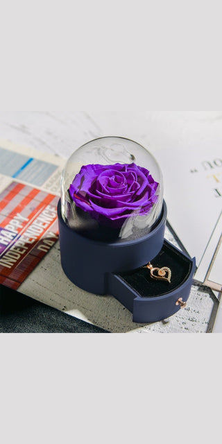 Elegant purple rose in glass dome, modern jewelry box, romantic Valentine's Day gift