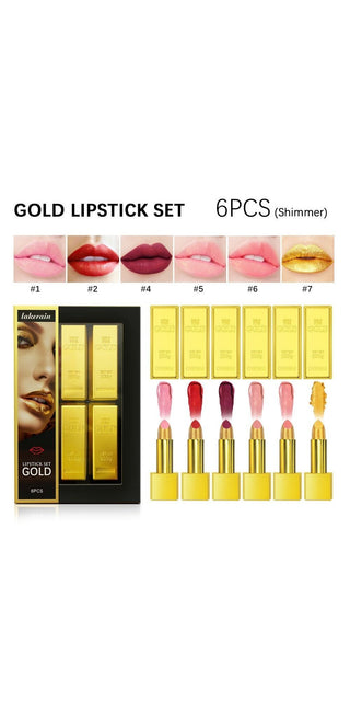 Glamorous Gold Lipstick Palette: 6-piece shimmering lipstick set in vibrant pink, red, and gold hues displayed on white background.