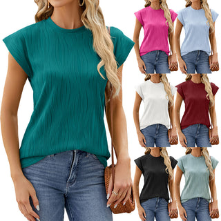 Stylish women's solid color crew neck t-shirt tops in a variety of vibrant colors including teal, pink, grey, white, burgundy, and black. The tops feature a simple, minimalist design with short sleeves. The products are shown against a plain white background, allowing the focus to be on the high-quality, fashionable t-shirt tops.