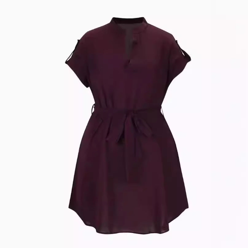 Robe à manches courtes et col en V avec ceinture, tenue d'été tendance avec nœud papillon pour femme