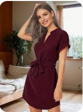 Robe à manches courtes et col en V avec ceinture, tenue d'été tendance avec nœud papillon pour femme