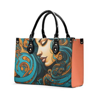 Stylish urban satchel with abstract floral print design and sleek black handles, showcasing the latest in women's fashion accessories from K-AROLE.