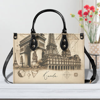 Stylish French Flair Tote Bag K-AROLE™️: Vintage Paris cityscape design, black leather handles, perfect for women's athleisure outfits.