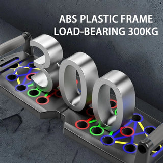 Portable ABS push-up board with colorful resistance bands, sturdy 300kg load-bearing frame, and ergonomic handles for targeted chest, abdominal, arm, and back workouts.