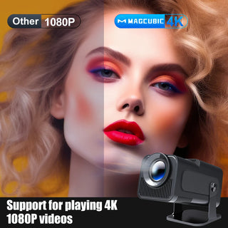 Fashionable woman with vibrant makeup and hairstyle posing next to an advanced 4K projector from the Magcubic brand, showcasing its support for playing 1080P videos.