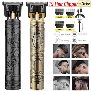 This image shows a 2024 New Vintage T9 Hair Cutting Machine, a rechargeable electric shaver and beard clipper for men's hair styling. The product is displayed in two color options - a black and gold design with a dragon motif. The image highlights the various cutting comb attachments available in different sizes, as well as the fast charging and powerful motor features. This versatile hair trimmer is a practical grooming tool for men's hairstyles and beard maintenance.