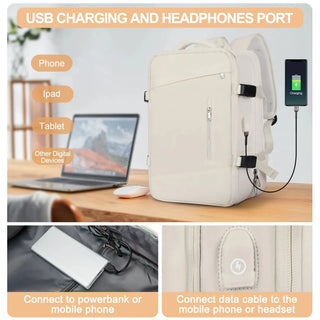 Beige expandable waterproof 40L travel backpack with USB charging and headphones port displayed on a desk with laptop and phone