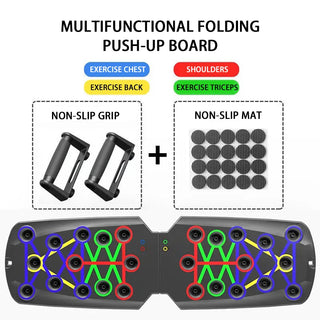 Multifunctional folding push-up board with non-slip grips and non-slip mat, allowing users to exercise chest, shoulders, back, and triceps.