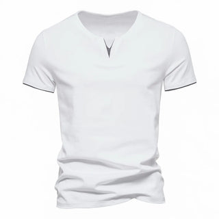 Sleek white men's short sleeve casual t-shirt with a V-neck, showcasing a minimalist and modern design.