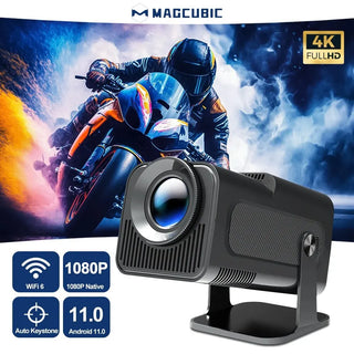 4K native 1080P cinema projector by Magcubic, featuring dual WiFi 6, Bluetooth 5.0, and an Android 11.0 operating system for an immersive home entertainment experience.