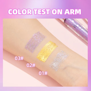 Shimmering glitter eyeshadow colors displayed on skin for makeup color testing at K-AROLE cosmetics store