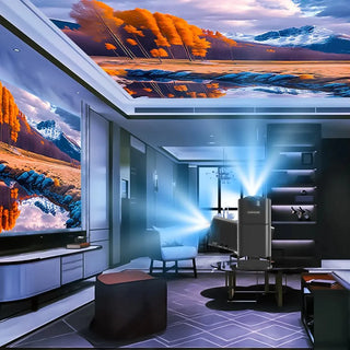 Vivid landscape projection in an advanced home theater setting with sleek minimalist furniture and modern lighting, creating an immersive cinematic experience.