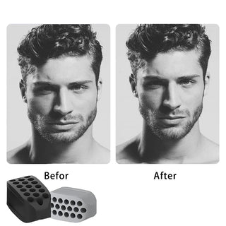 Silicone jaw exerciser and facial toning tool, featured beside before and after images demonstrating its potential to improve facial definition and jawline.