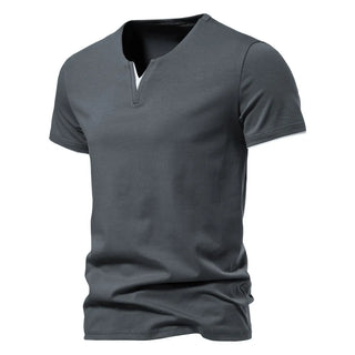 Slim-fit casual men's V-neck t-shirt in dark gray, featuring a basic cotton construction and a comfortable, minimalist design.
