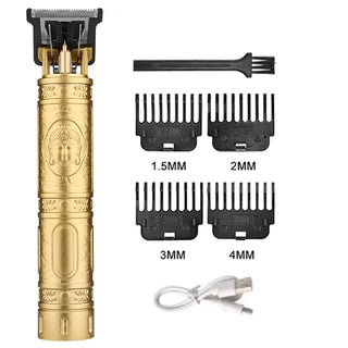 Vintage gold-toned electric hair trimmer with various interchangeable comb attachments for precise hair cutting. Includes 1.5mm, 2mm, 3mm, and 4mm size combs for customizable grooming. Rechargeable design for convenient, cordless use.