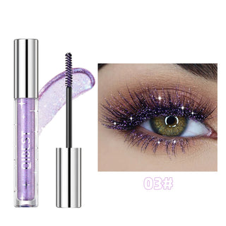 Sparkling mascara in purple packaging displayed beside a model's eye with glamorous glitter eye makeup.