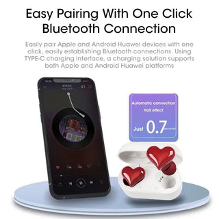 Heart-shaped wireless Bluetooth earphones with noise reduction, featuring a sleek and fashionable design ideal as a gift for women.