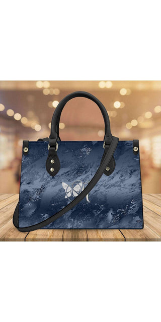 Chic and stylish blue tote bag from K-AROLE with a sleek marble-inspired design, perfect for elevating your athleisure outfits.