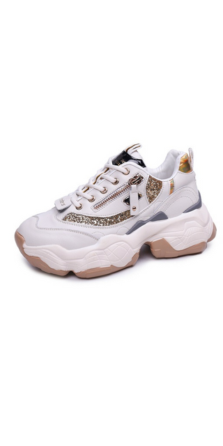 Sleek white sneakers with leopard print details and chunky soles, showcasing a stylish and trendy women's athletic shoe design.