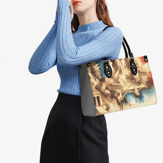 Stylish casual outfit with blue ribbed sweater and printed tote bag - modeled by a young woman in K-AROLE's trendy women's fashion collection.