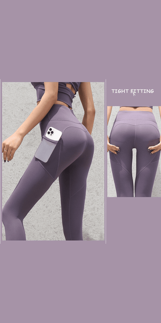 Stylish seamless leggings with tight fitting design and convenient side pocket featured in the image.