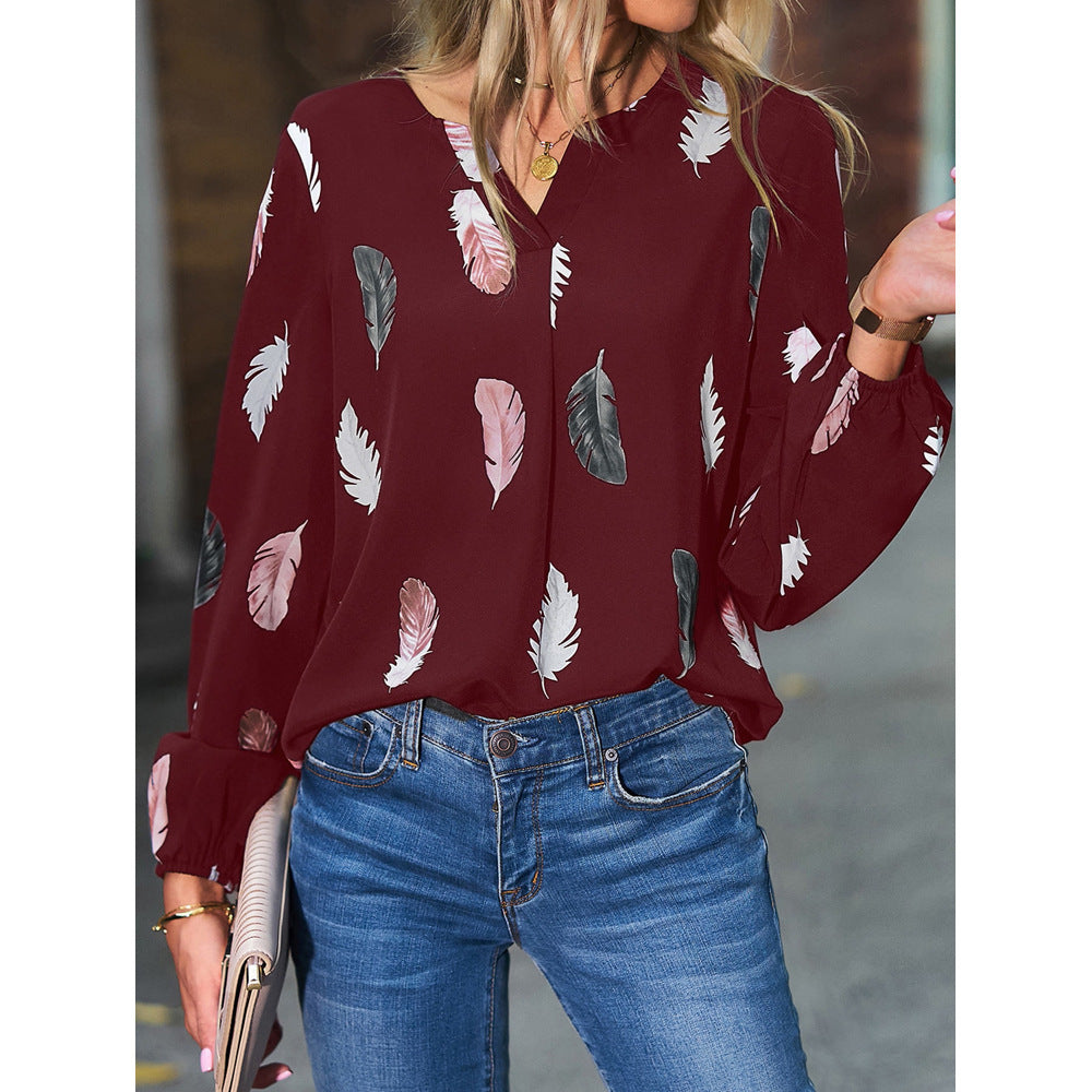 Feather Print Polo Shirt Long Lantern Sleeve Turndown Collar