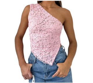 One-shoulder pink lace top with a modern, streetwear style, showcased against a plain background.