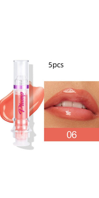 Glossy peach-toned liquid lipstick in a clear tube displayed alongside a close-up image of a model's lips wearing the same shade.