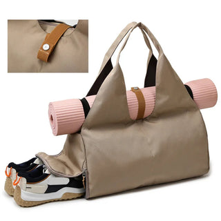 Versatile Beige Sports Duffel Bag with Yoga Mat Strap and Shoe Compartment. Sturdy and Practical Fitness Gym Bag for Women's Activewear, Accessories, and Travel Needs.