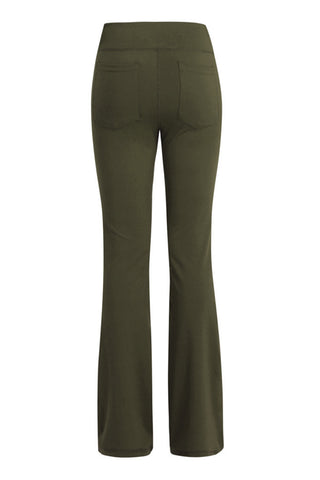 Stylish olive green flared yoga pants featuring a high-waist design with a sleek, formfitting silhouette for enhanced comfort and movement.