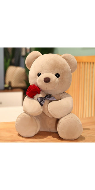 Adorable plush teddy bear with red ribbon, sitting on a wooden table in a cozy setting.