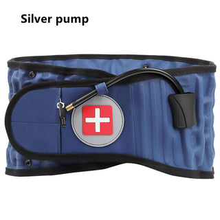 Silver medical pump with blue protective covering and black straps, featuring a red cross medical symbol and storage pockets. The product appears to be a lumbar support device or back traction belt for pain relief.