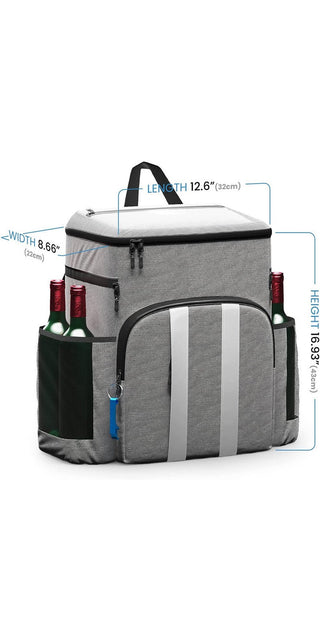Stylish insulated picnic backpack with ample storage. Grey and white striped design, multiple pockets for drinks and snacks. Suitable for outdoor activities, camping, and picnics.