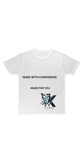 Classic white t-shirt with graphic design and text, "Made with confidence, made for you"