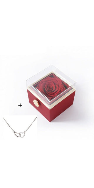Elegant red rose encased in glass box, accompanied by silver necklace, perfect Valentine's gift idea from K-AROLE store.