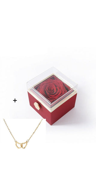 Elegant Rose in Gift Box: Red rose encased in a stylish red jewelry box, perfect for a romantic proposal or confession.