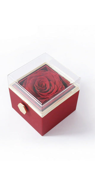 Red rose preserved in acrylic box with wooden base and gold accents, perfect for romantic proposal or confession.