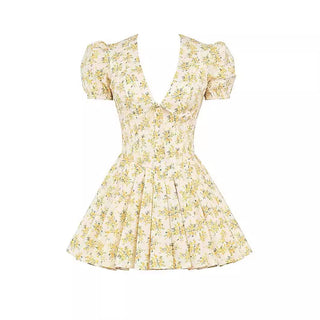 Elegant yellow floral puff sleeve dress with V-neck and pleated skirt from Ai-Shang Bags Store.