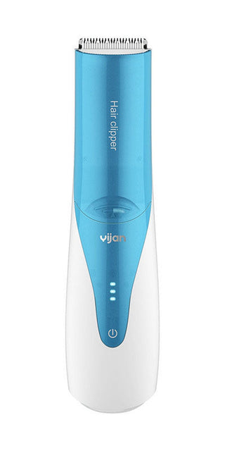 Cordless electric hair clipper in sleek blue and white design for children's home grooming.