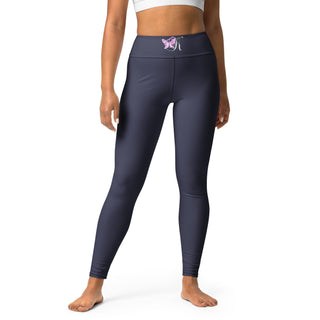 Stylish navy blue yoga leggings with a pink butterfly logo, showcasing a figure-flattering fit and trendy activewear design from the K-AROLE fashion brand.