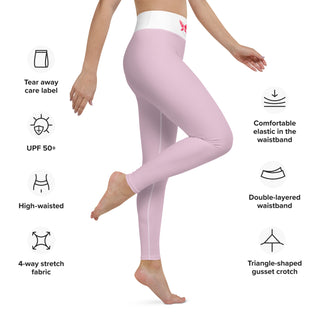 High-waisted pink yoga leggings with comfortable elastic waistband and 4-way stretch fabric for active wear. The leggings feature a triangle-shaped gusset crotch and have a UPF 50+ rating for sun protection.