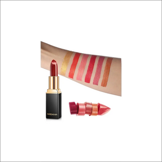 Shimmery metallic lipstick with temperature-responsive color change effect, showcased on a human arm against a white background.