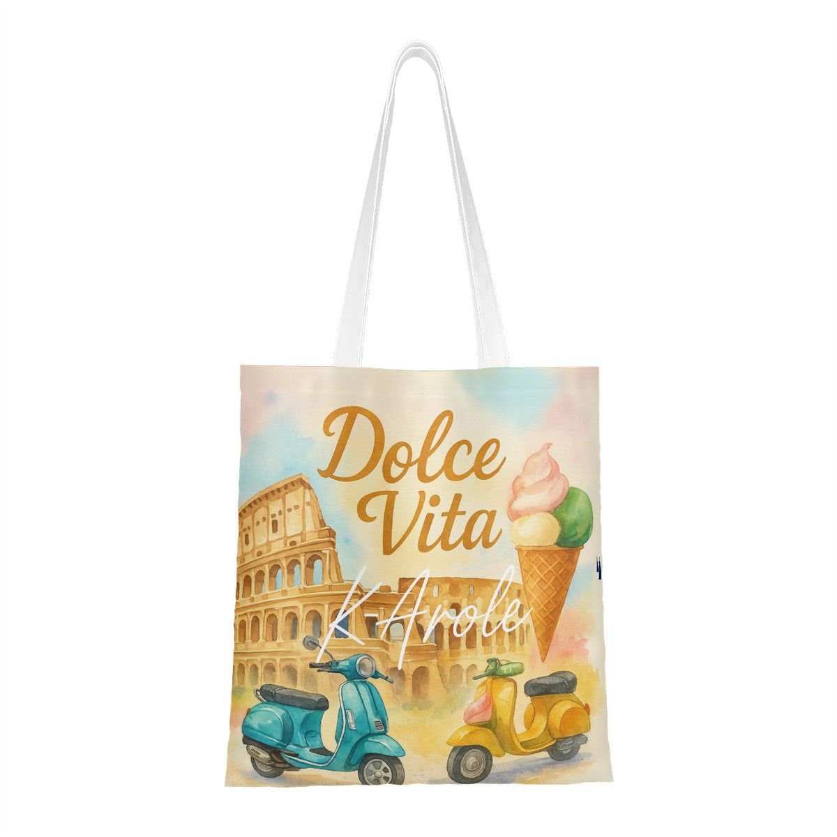 Tote bag Dolce Vita avec Colisée de Rome, Vespa colorées et glace italienne – design aquarelle K-AROLE. fond blanc