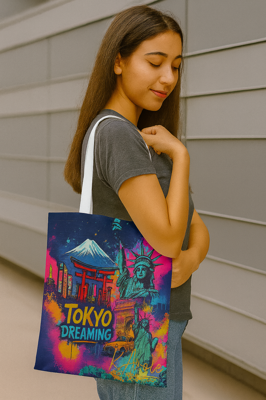 Femme portant le Tote bag Tokyo Dreaming avec Mont Fuji, Torii rouge, Statue de la Liberté et néons japonais – style street art K-AROLE.