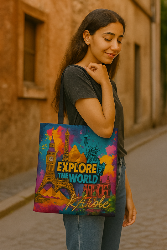 Femme portant le Tote bag Explore the World avec monuments iconiques (Tour Eiffel, Big Ben, Statue de la Liberté, Taj Mahal, Pyramides) – design pop-art coloré K-AROLE.