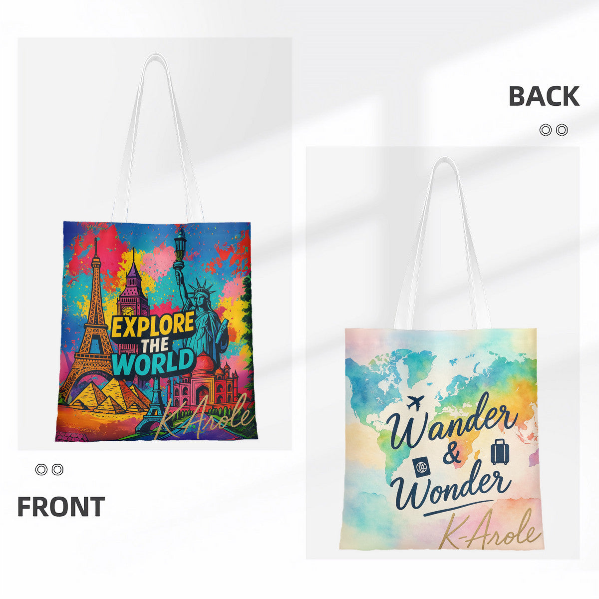 🌍 Artistic Tote Bag “Explore the World / Wander & Wonder” –
